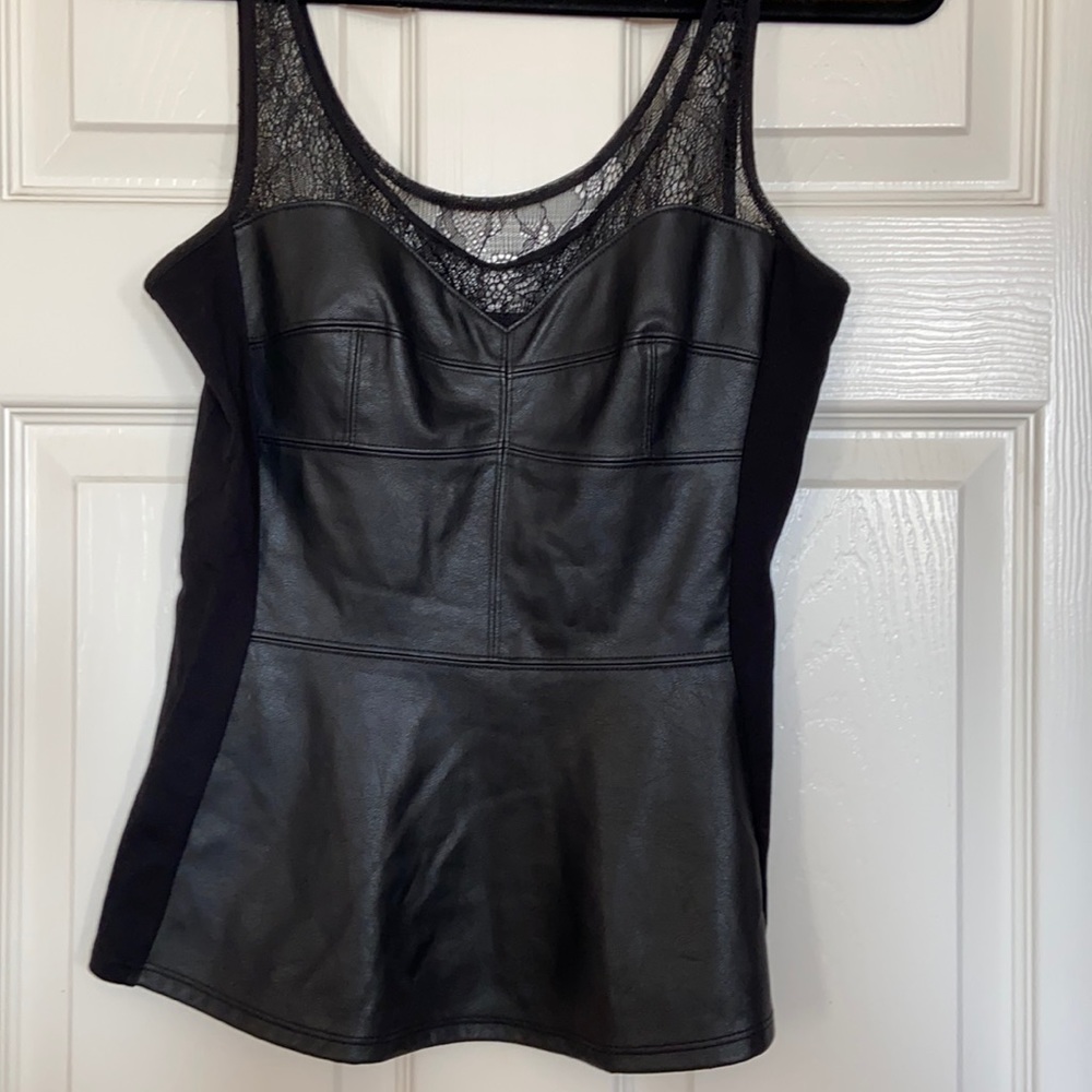 BCBG MAXAZRIA Black faux Leather, and lace, peplum shirt. Size small.